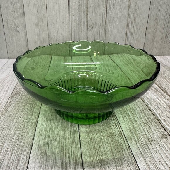 Vintage E.O Brody Bowl Glass Green Scalloped Rim Ribbed Pedestal Base 7" DIA - Picture 7 of 13
